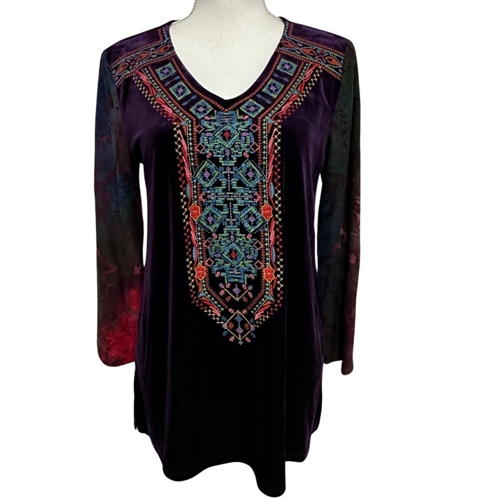 Calessa Embroidered Purple Velvet Jewel Tone Top Long Sleeve SZ Small Boho EUC